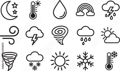 Weather Icons in a variety of styles, capturing a diverse array of atmospheric conditions. Displayed in a clean and modern design.