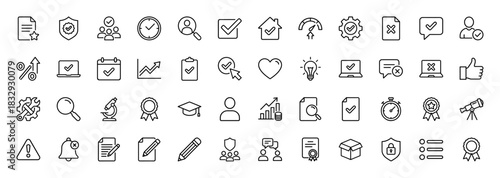 Business and productivity line icon set. Vector pictograms of clock, shield, checklist, lightbulb, and graph, thin linear illustration.