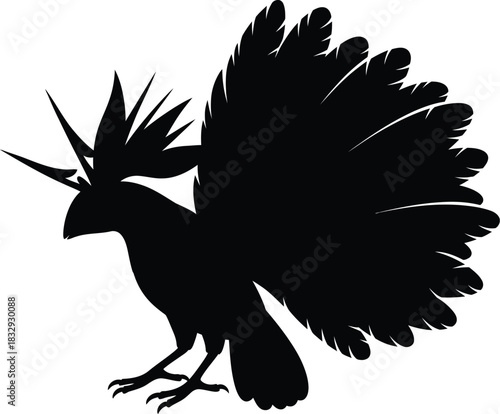 Stylized black silhouette of a fantastic crested bird with dramatic sweeping feathers graphic vector element