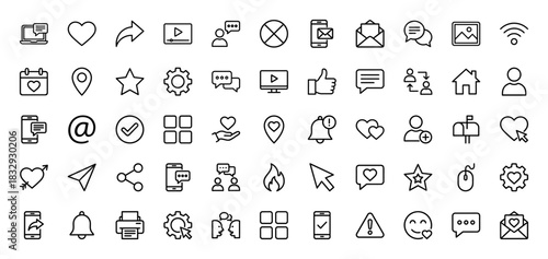 Social media and network line icon set. Vector pictograms of smartphone, heart, user, chat, location, and settings, thin linear illustration.