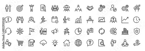 Business and finance line icon set. vector pictograms of growth charts, gears, targets, office, and money, thin linear illustration.