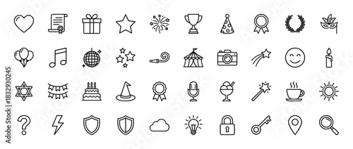 Celebration and festive line icon set. Vector pictograms of gift, trophy, fireworks, diploma, party hat, and camera, thin linear illustration.