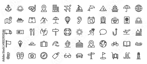 Travel and tourism line icon set. Vector pictograms of airplane, passport, luggage, beach, hotel, map, camera, transport, vacation symbols. Thin linear illustration.