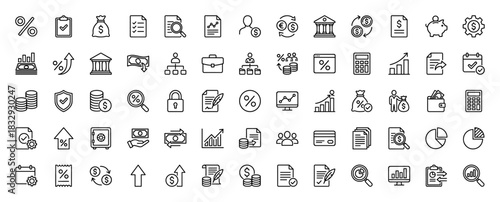 Finance and business line icon set. Vector pictograms of charts, money, documents, coins, and banking structures, thin linear illustration.