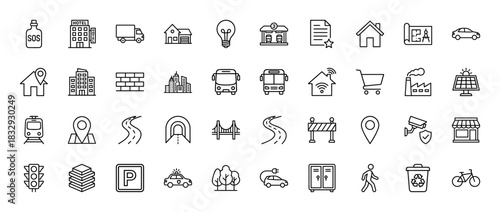 Smart city and urban planning line icon set. Vector pictograms of transport, real estate, logistics, and infrastructure elements, thin linear illustration.