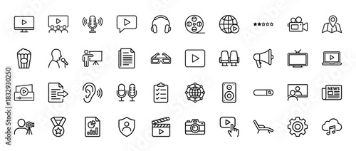 Media and entertainment line icon set. Vector pictograms of video player, microphone, headphones, film reel, and camera, thin linear illustration.