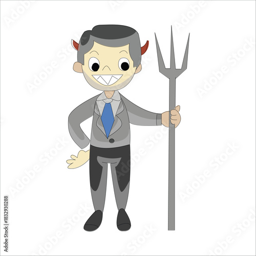 Evil businessman wearing devil horns and holding a pitchfork (trident). Concept of corporate greed or bad boss