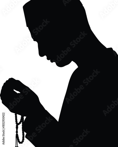 Black Silhouette of Muslim Man Praying Holding Tasbih Misbaha Islamic Devotion Vector Graphic
