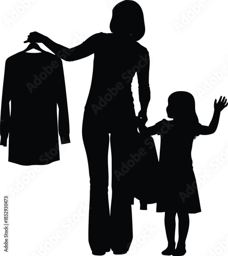 Mother and Daughter Shopping for Clothes Silhouette Vector Illustration