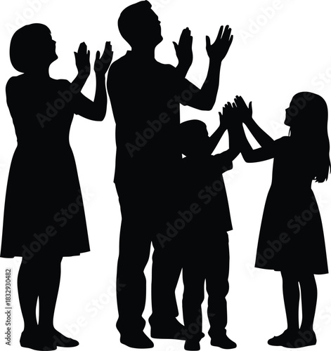 Family Silhouette Clapping Hands Cheering Celebrating Unity Black Vector Illustration