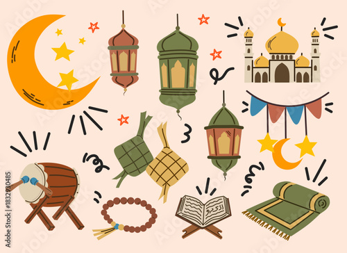 Ramadan Element Set in Cozy Flat Style for Islamic Celebrations