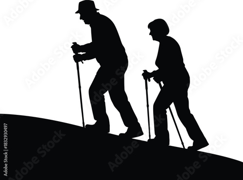 Senior Couple Hiking Uphill Silhouette Vector Illustration of Active Elderly People Trekking with Poles