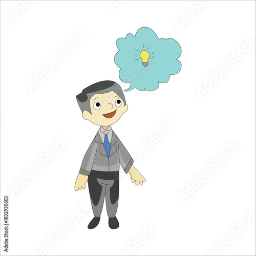 Businessman looking up at a lightbulb in a thought bubble, having an idea