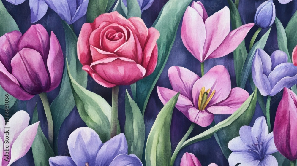 Fototapeta premium Watercolor floral garden with roses, tulips and other spring flowers