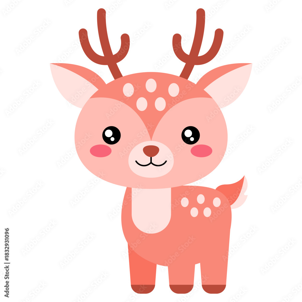 Fototapeta premium Cute Cartoon Christmas deer. Kawaii reindeer vector clipart logo icon. Cute forest animal. Stock vector illustration isolated on white background.