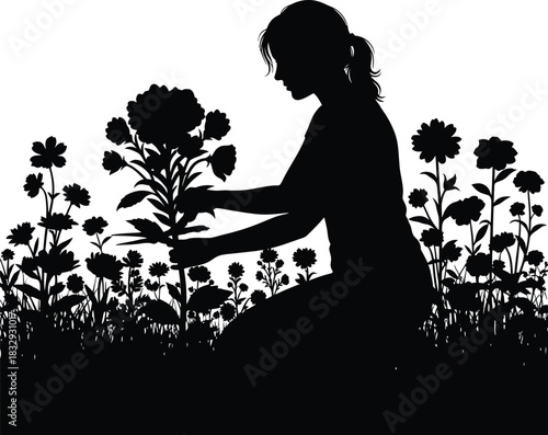 Gardener woman silhouette tending flowers in natural garden vector illustration