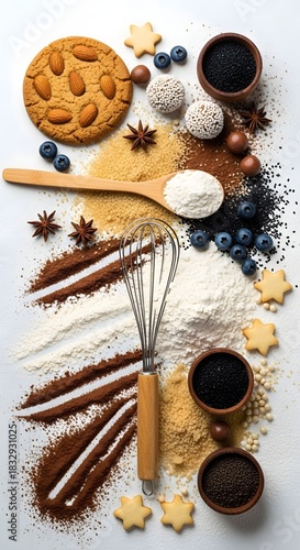 The Art of Baking,  A Flat Lay of Ingredients, Tools, and Sweet Treats