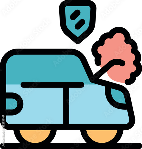 Car insurance protecting damaged vehicle with smoke after crash, shield icon symbolizing safety and coverage