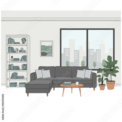 Minimalist Living Room With Gray Sectional Sofa And Bookshelf Vector Illustration Cityscape View Through Large Window