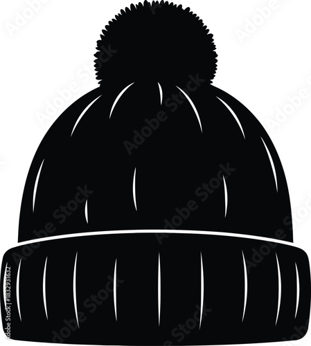Black Winter Beanie Hat with Pom Pom Silhouette Icon Vector