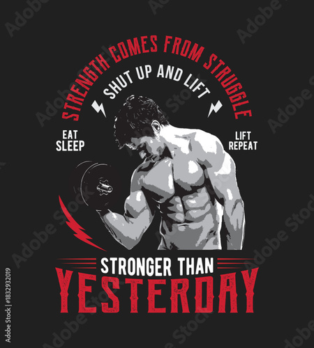 Dynamic fitness t shirt design with bold typography and athletic elements