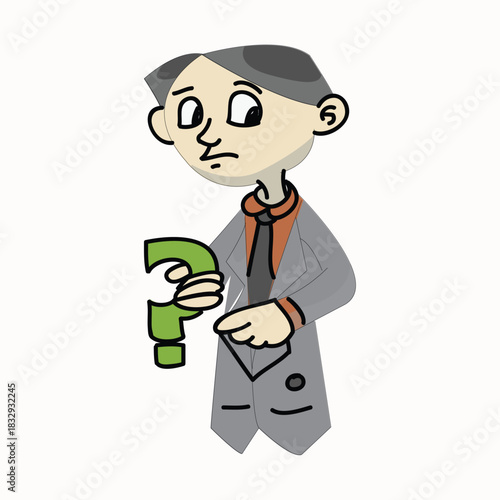 Confused businessman holding a large green question mark symbol