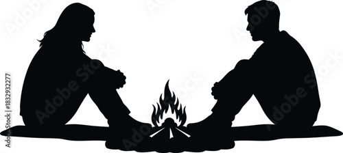 Couple Silhouette Sitting by Campfire Vector Illustration Black and White