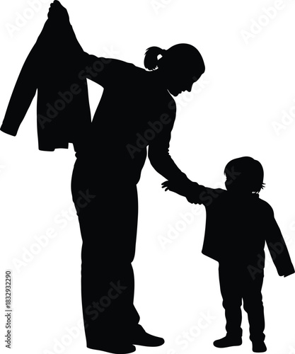 Mother helping young child put on a jacket silhouette vector graphic
