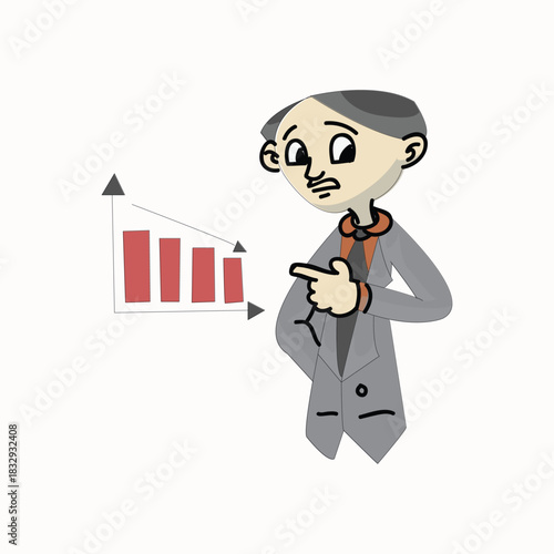 Worried businessman pointing at a falling red bar graph representing financial loss