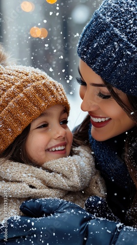 A woman and a child are embracing and smiling in the snow, wearing winter hats and scarves. The scene evokes feelings of warmth and love.
