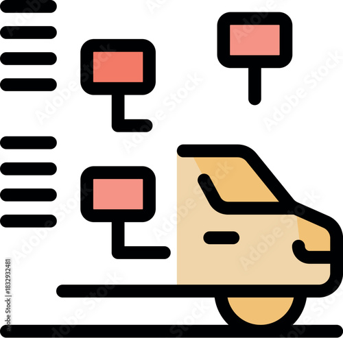 Self driving vehicle navigating a route marked by location indicators, showcasing autonomous driving technology