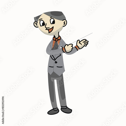 Businessman holding a pointer stick, teaching or presenting on a whiteboard