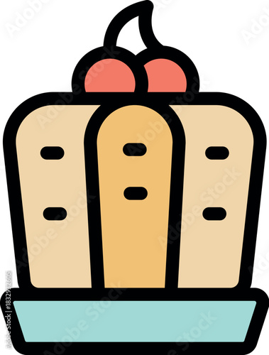 Cartoon drawing of a cake with cherries and whipped cream, perfect for menus, recipes, and food blogs