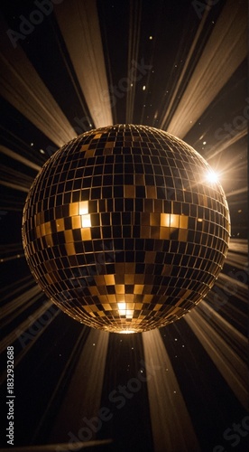 A large golden disco ball hangs from a dark ceiling, radiating light beams and creating dynamic reflections in an indoor setting. Use: nightclub.
