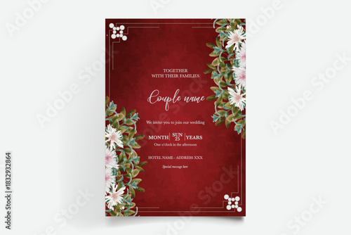 WEDDING INVITATION FRAME WITH FLOWER DECORATIONS AND FRESH LEAVES