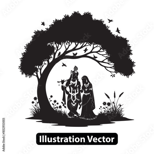 Indian mythological couple Krishna and Radha under a tree silhouette illustration