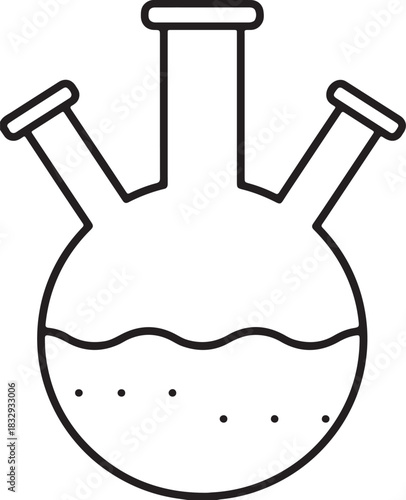 A simple black and white line drawing silhouette of a three necked round bottom laboratory flask containing a wavy liquid with small dots isolated on transparent background