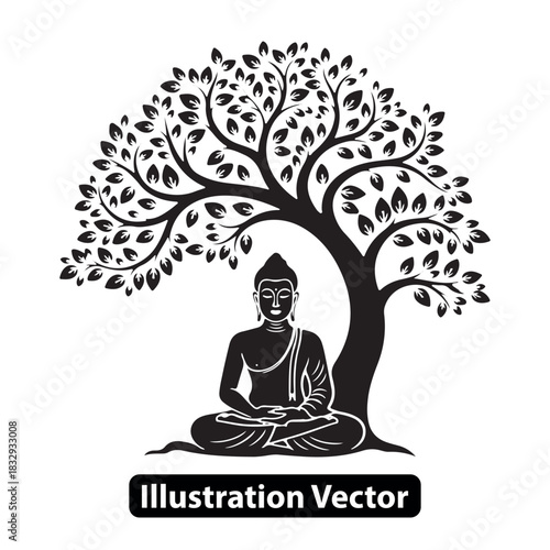 Buddha Under Tree Silhouette Vector Graphic, Peace and Enlightenment Design