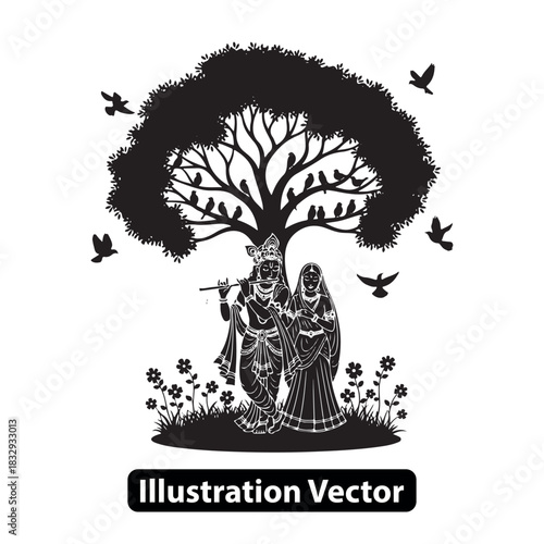 Krishna and Radha's divine love under a mystical tree a spiritual illustration
