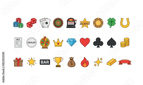 Colorful casino icons collection with cards, dice, and jackpot symbols