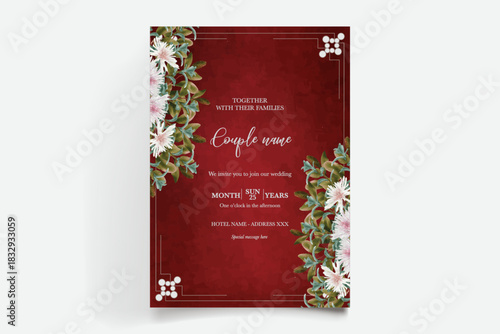 WEDDING INVITATION FRAME WITH FLOWER DECORATIONS AND FRESH LEAVES