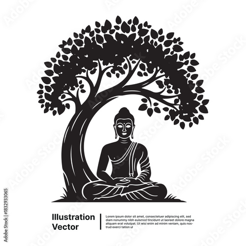 Illustration of Buddha meditating peacefully under a large, leafy tree on a white background