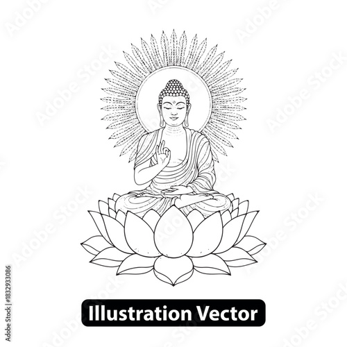 Vector illustration of an enlightened figure meditating on a lotus with radiant halo, symbolizing inner peace and wisdom