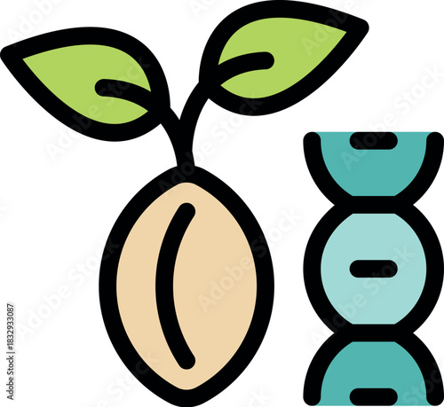 Sprout growing from seed near dna double helix, representing genetic modification in agriculture