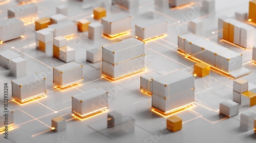 Modern Logistics Network with Interconnected Shipping Containers: Illustrates global trade, supply chain management, and distribution networks with warm, inviting lighting