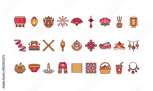 Colorful asian cultural symbols and artifacts icon set
