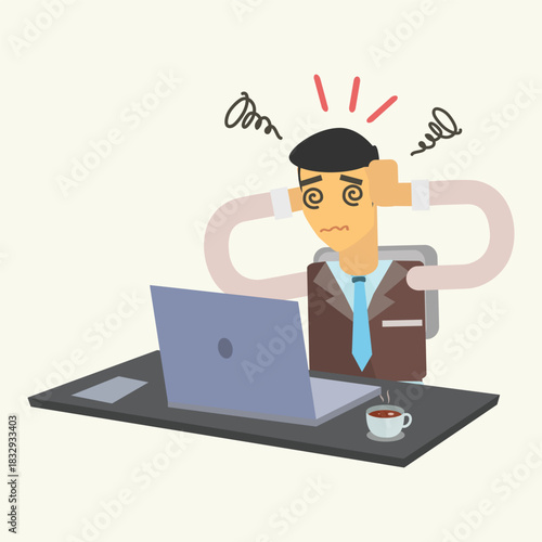 dizzy businessman holding his head in pain, suffering from migraine or confusion