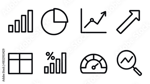 Business data analysis icons set with graphs and trends indicators