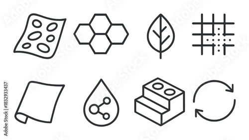 Set of eight minimalistic material and sustainability icons on black background