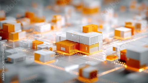 Abstract 3D Rendering of Interconnected Shipping Containers with Glowing Network, Logistics and Global Trade Concept with Cinematic Lighting and 4k Detail